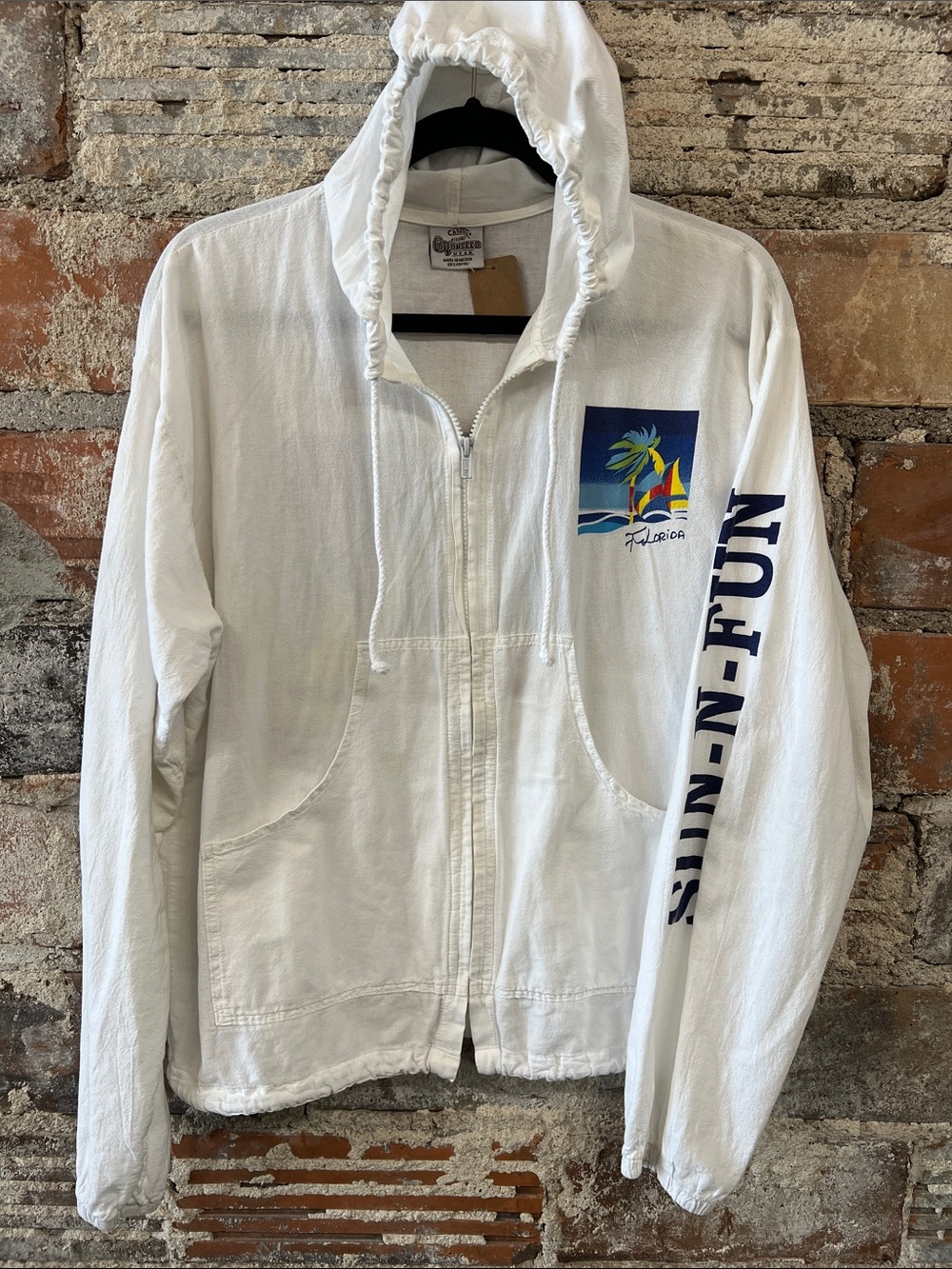 Vintage 90’s Florida Sun - Fun zip up lightweight 100% cotton hoodie white Small